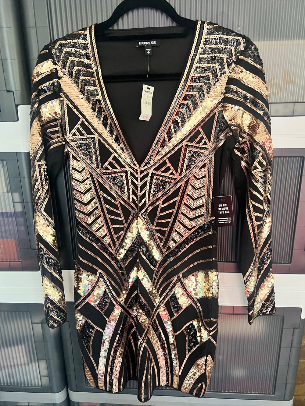 Express Art Deco Style Black and Gold Geometric Sequined Dress Size S